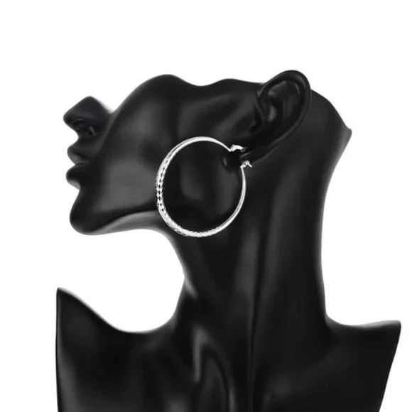 NEW Sterling Silver 2” Diamond Cut Round Hoop Earrings - Picture 2 of 6